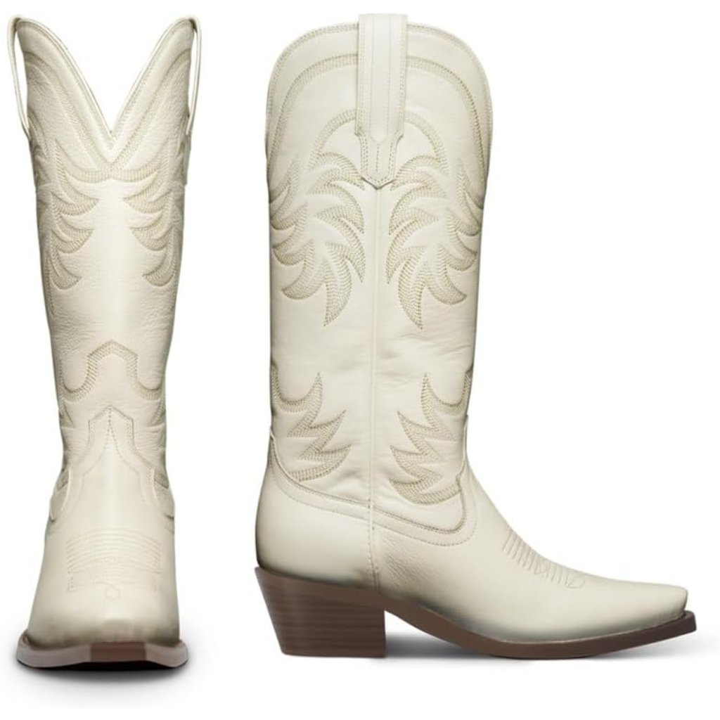 Cowboy Boots For Women Knee High Chunky Heel Pointed Toe Wide Calf Pull On Embro